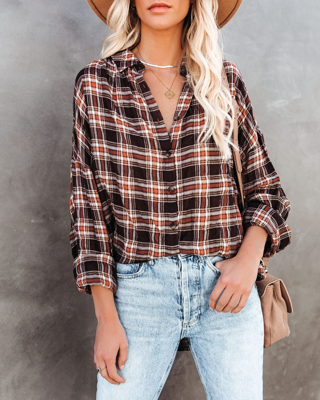 Journee Cotton Plaid Button Down Top - Brown Ins Street