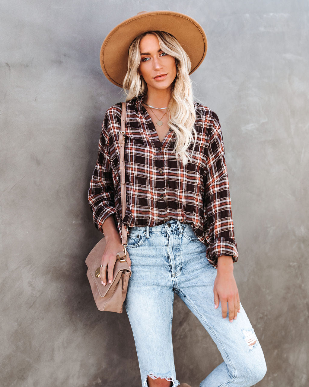 Journee Cotton Plaid Button Down Top - Brown Ins Street