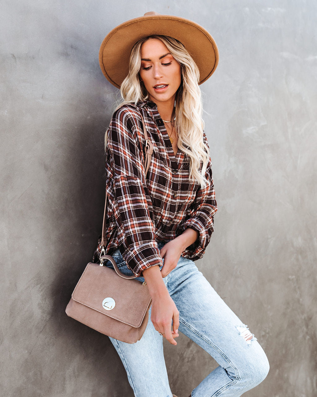 Journee Cotton Plaid Button Down Top - Brown Ins Street