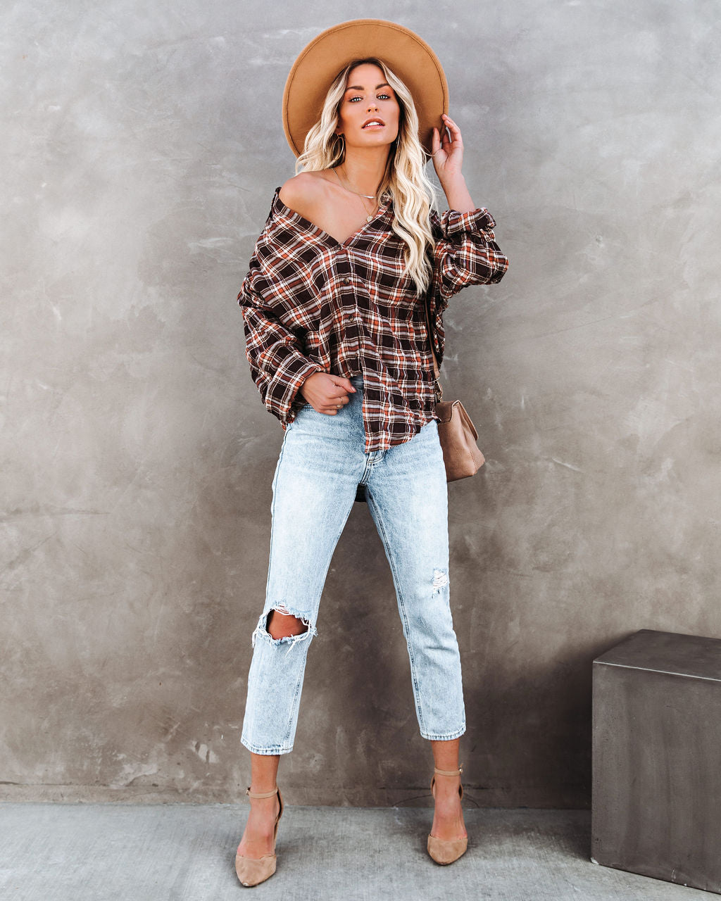 Journee Cotton Plaid Button Down Top - Brown Ins Street