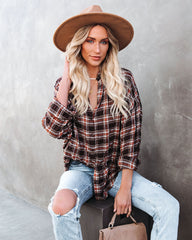 Journee Cotton Plaid Button Down Top - Brown Ins Street