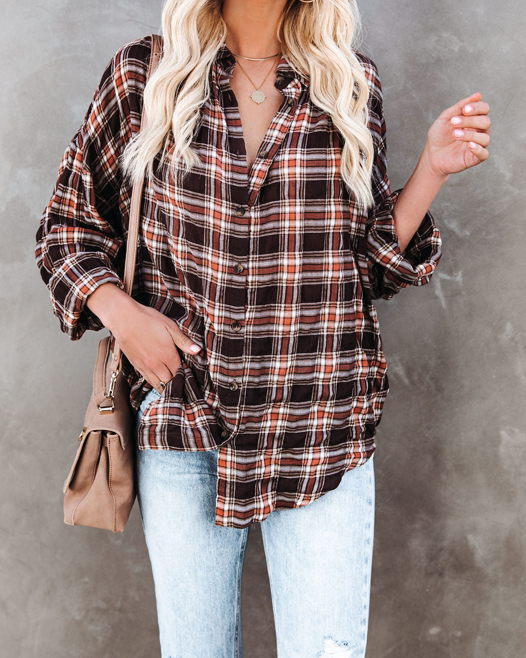 Journee Cotton Plaid Button Down Top - Brown Ins Street