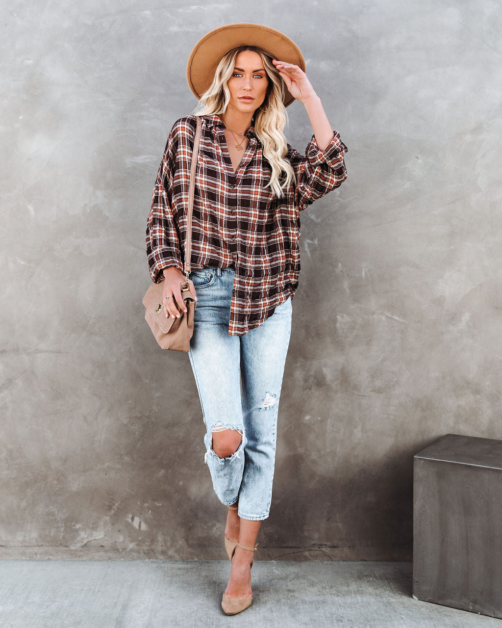 Journee Cotton Plaid Button Down Top - Brown Ins Street