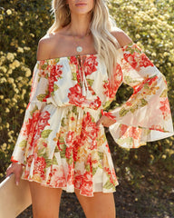 Judas Floral Off The Shoulder Bell Sleeve Romper - Ivory Ins Street