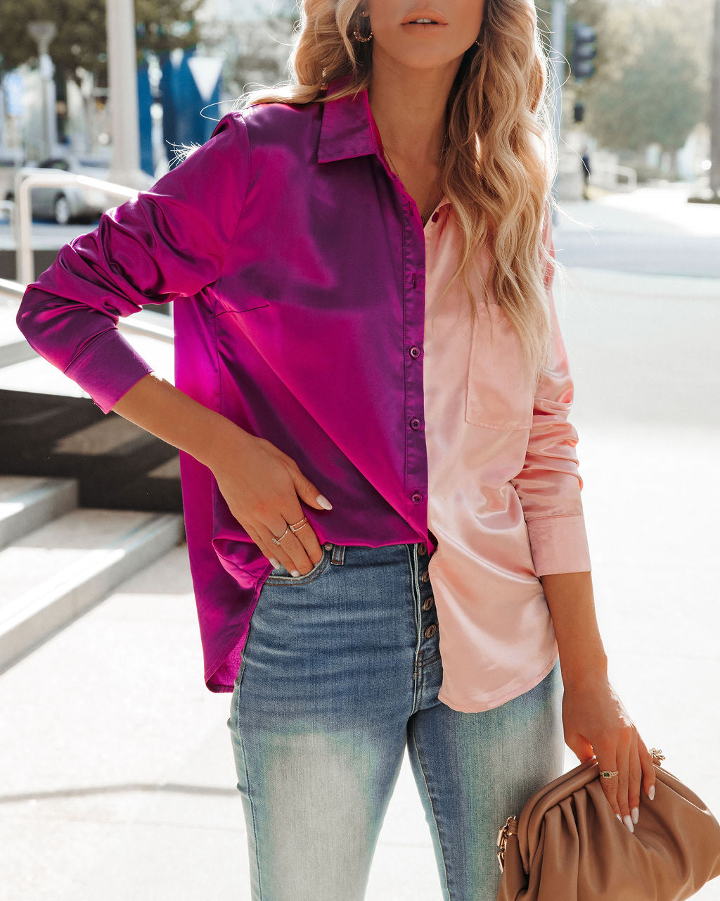 Kamia Satin Colorblock Button Down Blouse - Pink Purple - FINAL SALE Ins Street