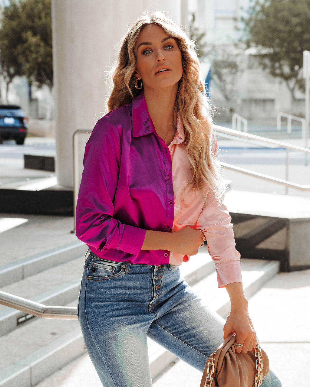 Kamia Satin Colorblock Button Down Blouse - Pink Purple - FINAL SALE Ins Street