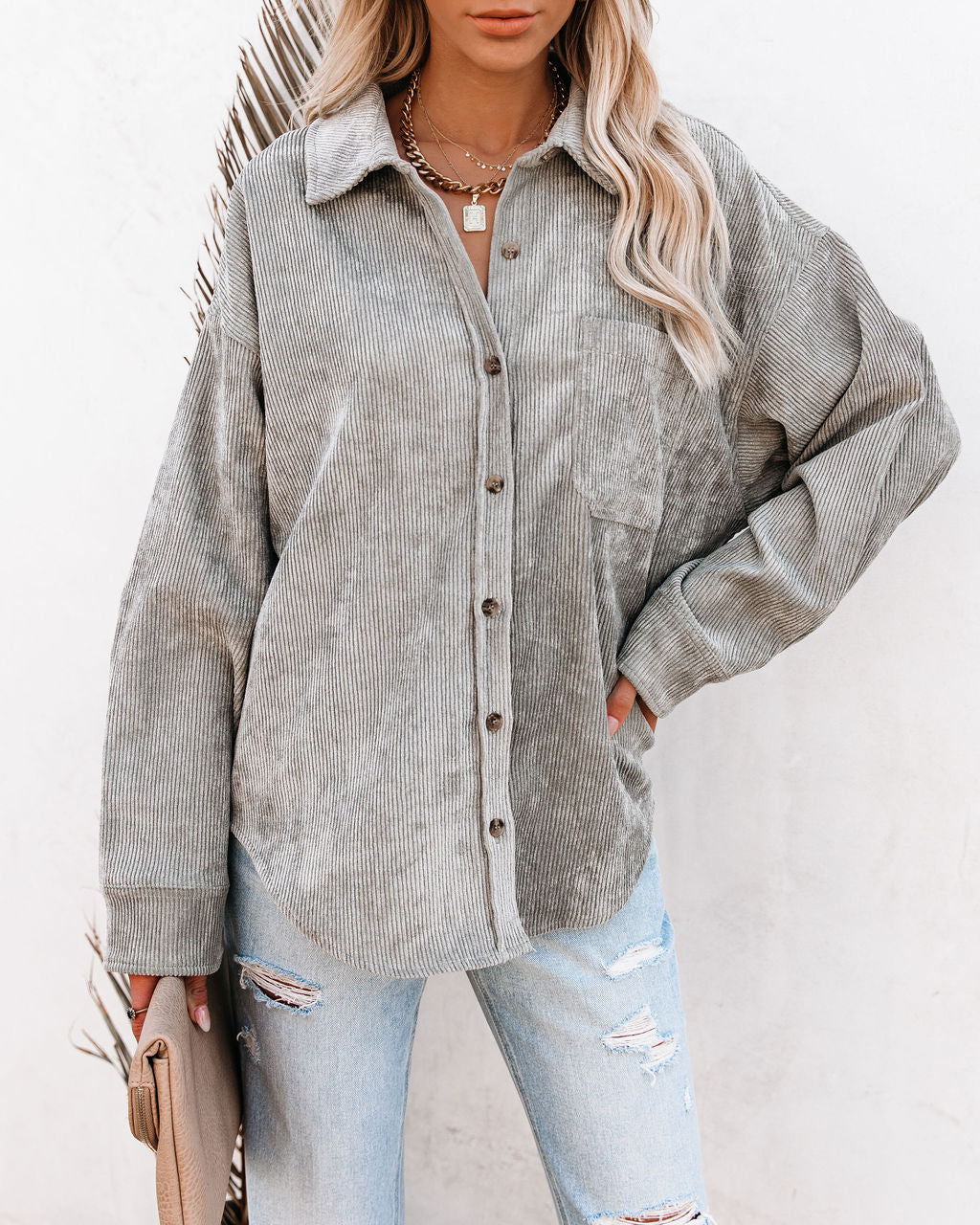 Kamryn Corduroy Button Down Pocket Top - Silver Olive Ins Street