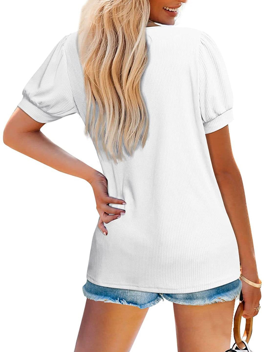 T-Shirt V-Neck Loose Short Sleeve High Stretch Casual Puff Sleeve Top 2023-03-14 InsStreet