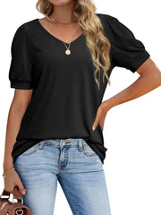 T-Shirt V-Neck Loose Short Sleeve High Stretch Casual Puff Sleeve Top 2023-03-14 InsStreet