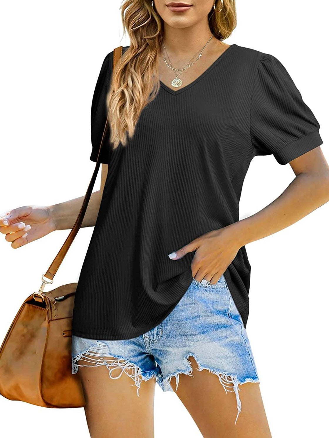 T-Shirt V-Neck Loose Short Sleeve High Stretch Casual Puff Sleeve Top 2023-03-14 InsStreet