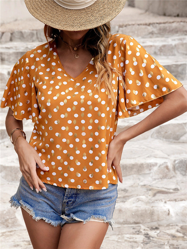 Temperament Commuter Short Pullover Short-sleeved Polka Dot V-neck Short-sleeved Women's T-shirt 2023-03-14 InsStreet