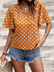 Temperament Commuter Short Pullover Short-sleeved Polka Dot V-neck Short-sleeved Women's T-shirt 2023-03-14 InsStreet