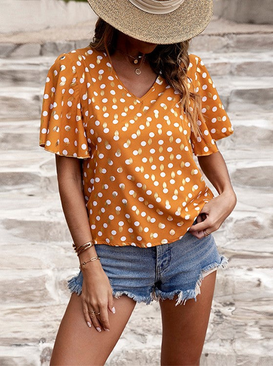 Temperament Commuter Short Pullover Short-sleeved Polka Dot V-neck Short-sleeved Women's T-shirt 2023-03-14 InsStreet