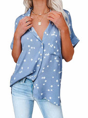 Star Print V-neck Buttoned Bat Short-sleeve Shirt 2023-03-14 InsStreet