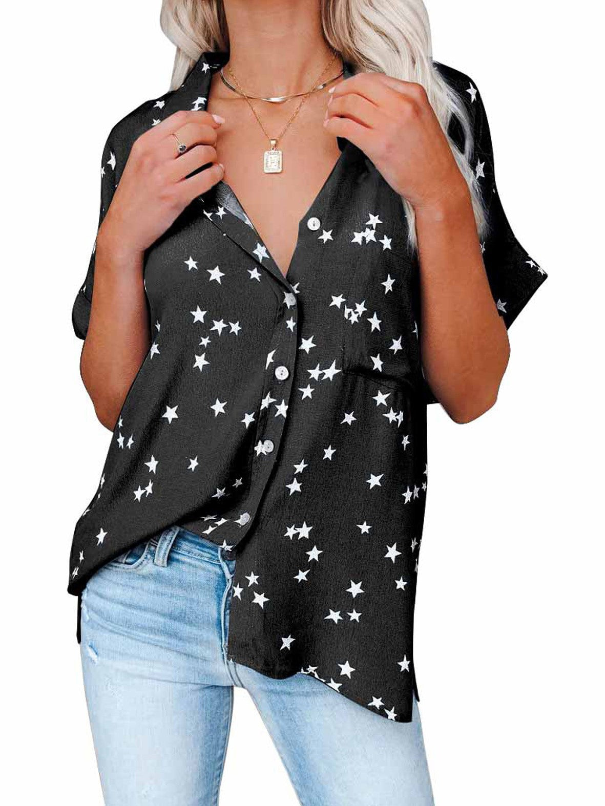 Star Print V-neck Buttoned Bat Short-sleeve Shirt 2023-03-14 InsStreet