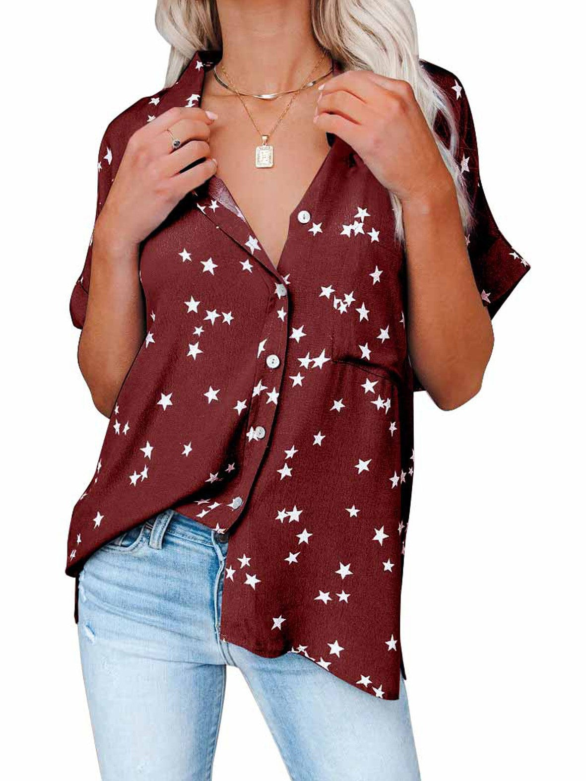 Star Print V-neck Buttoned Bat Short-sleeve Shirt 2023-03-14 InsStreet