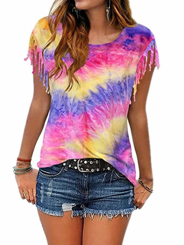 Tie Dye Burnt Fringe Short Sleeve T-Shirt 2023-03-14 InsStreet