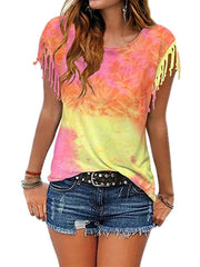 Tie Dye Burnt Fringe Short Sleeve T-Shirt 2023-03-14 InsStreet