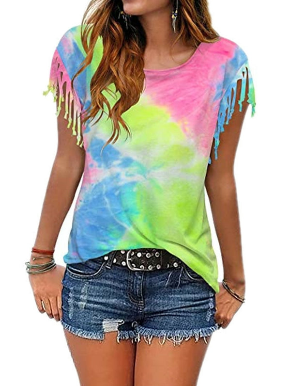 Tie Dye Burnt Fringe Short Sleeve T-Shirt 2023-03-14 InsStreet