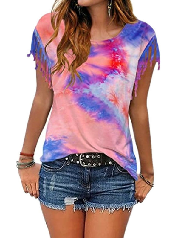 Tie Dye Burnt Fringe Short Sleeve T-Shirt 2023-03-14 InsStreet