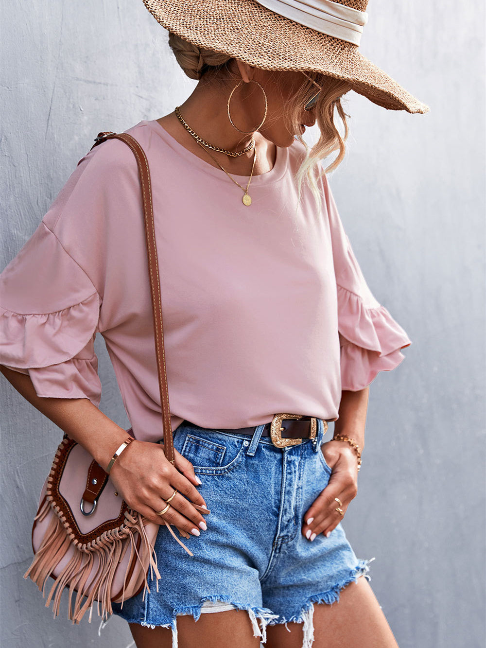 Solid Crew Neck Double Ruffle Sleeve Top 2023-03-14 InsStreet