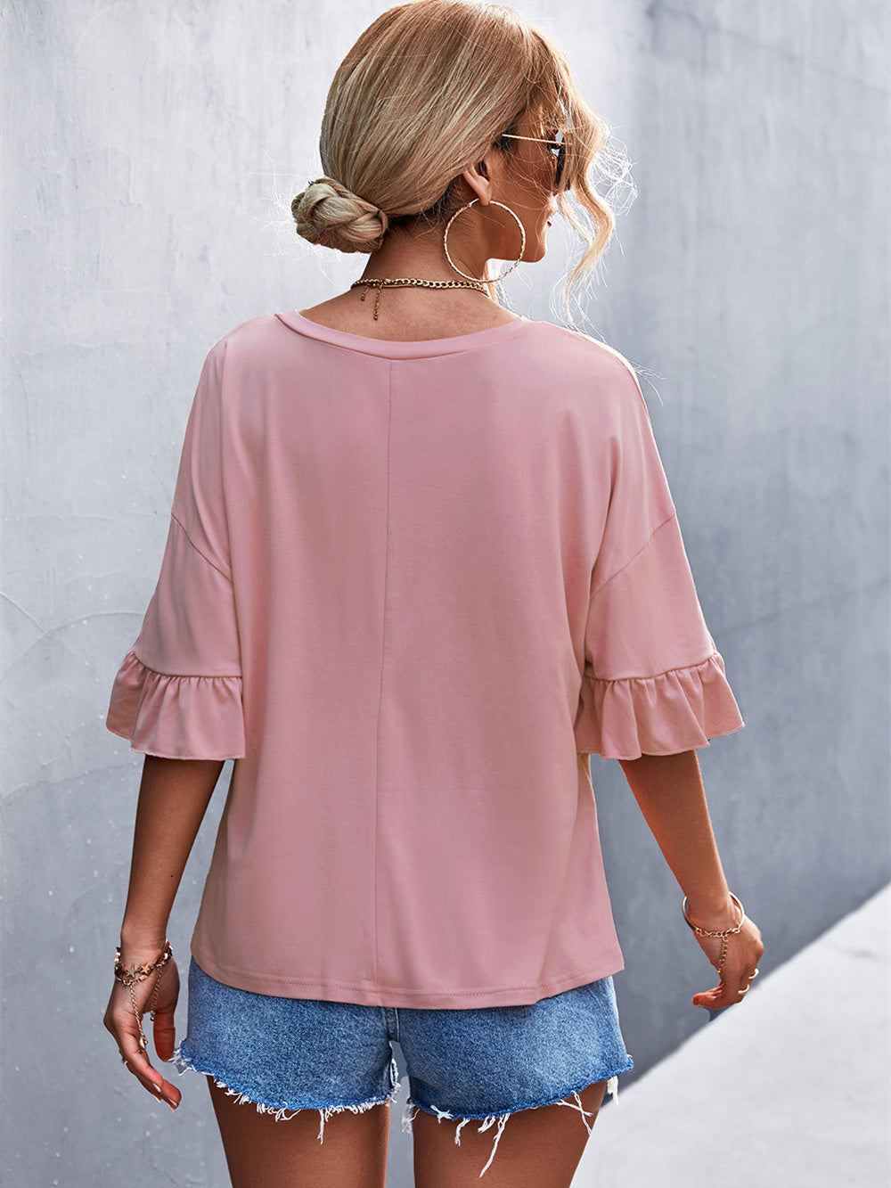 Solid Crew Neck Double Ruffle Sleeve Top 2023-03-14 InsStreet