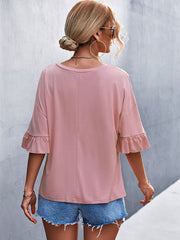 Solid Crew Neck Double Ruffle Sleeve Top 2023-03-14 InsStreet