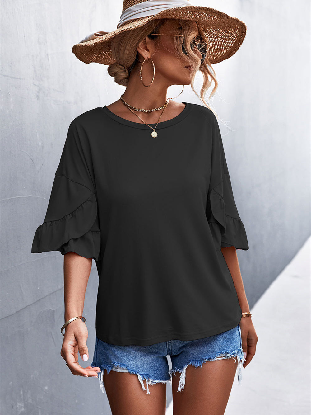 Solid Crew Neck Double Ruffle Sleeve Top 2023-03-14 InsStreet