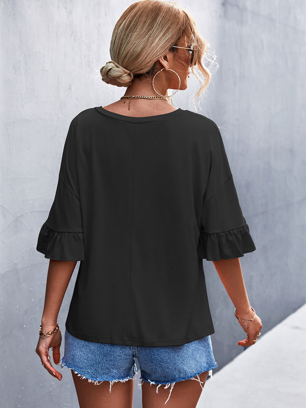 Solid Crew Neck Double Ruffle Sleeve Top 2023-03-14 InsStreet