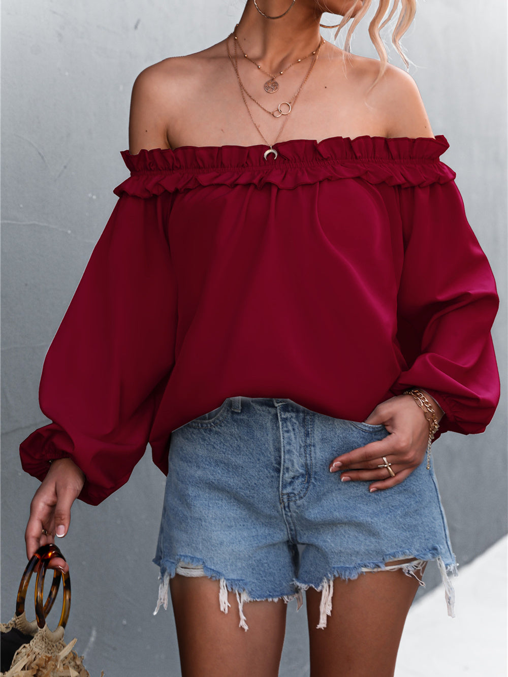 Solid Color One Shoulder Lantern Sleeve T-Shirt Top 2023-03-14 InsStreet