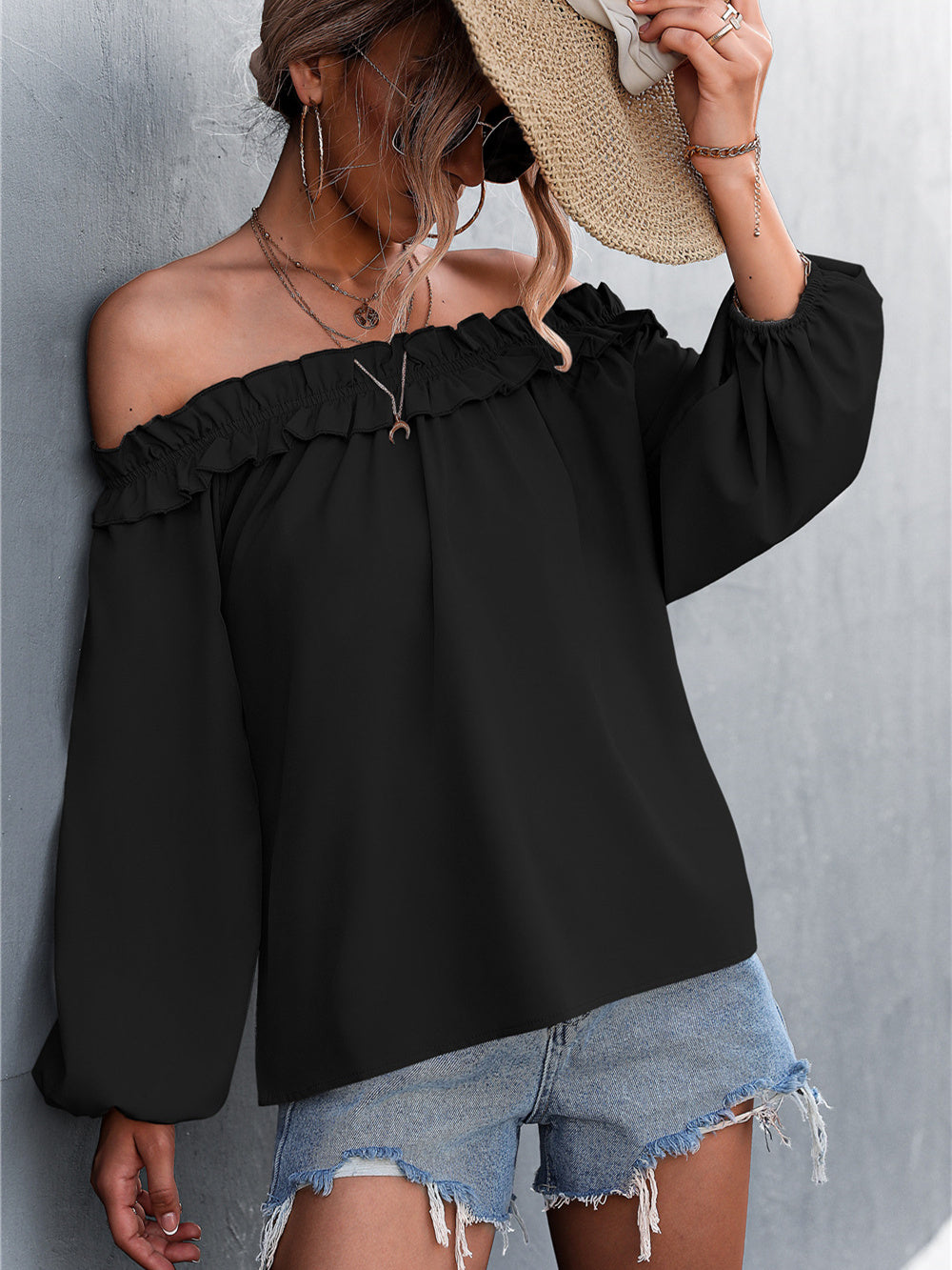 Solid Color One Shoulder Lantern Sleeve T-Shirt Top 2023-03-14 InsStreet