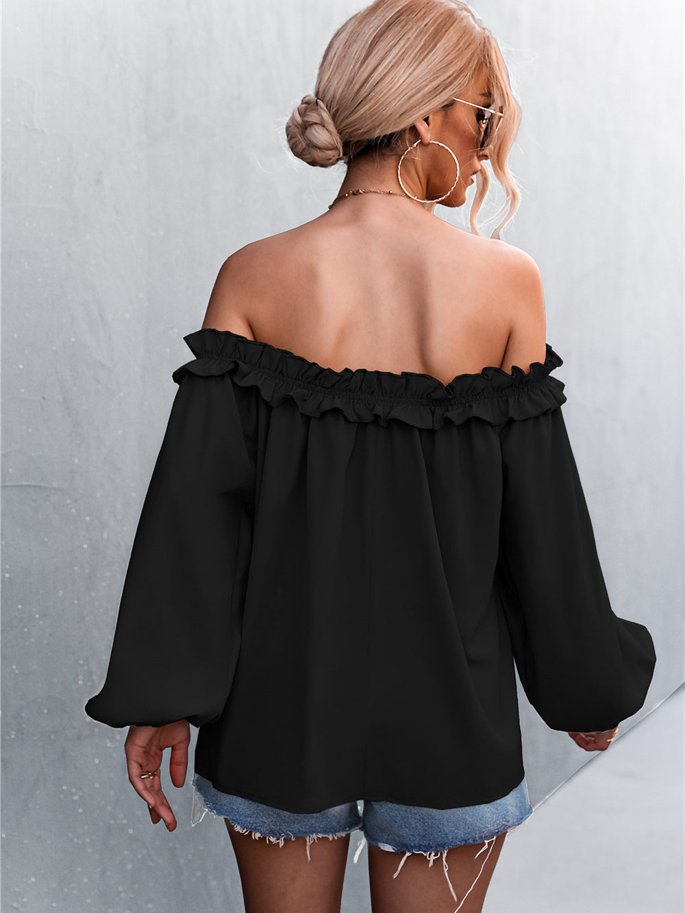 Solid Color One Shoulder Lantern Sleeve T-Shirt Top 2023-03-14 InsStreet