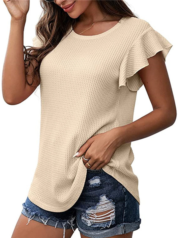 Solid Color Waffle Loose Crew Neck Ruffle Sleeve Short Sleeve T-Shirt 2023-03-14 InsStreet