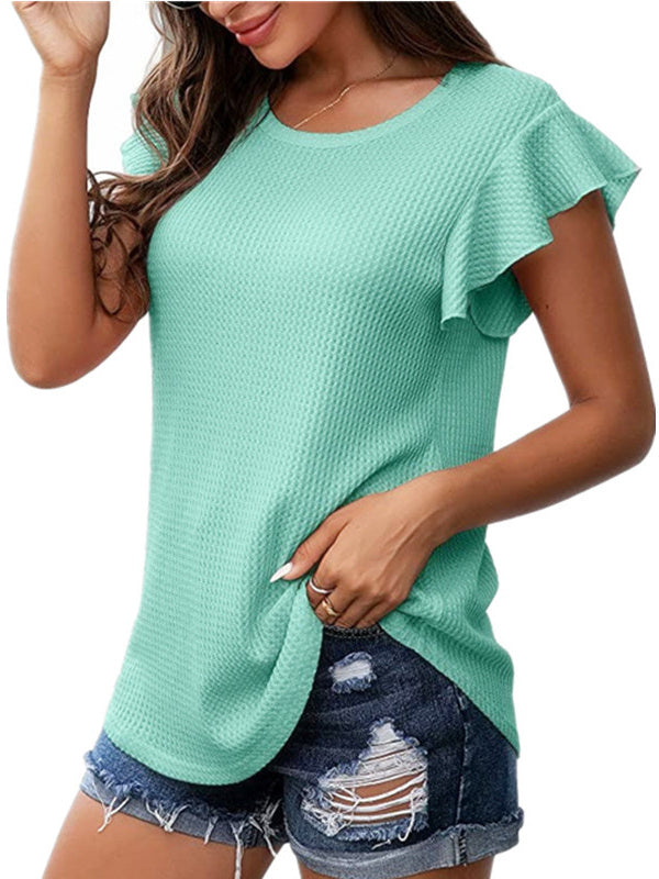 Solid Color Waffle Loose Crew Neck Ruffle Sleeve Short Sleeve T-Shirt 2023-03-14 InsStreet