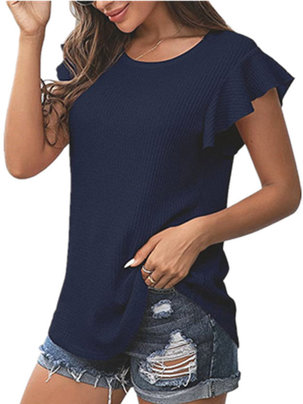 Solid Color Waffle Loose Crew Neck Ruffle Sleeve Short Sleeve T-Shirt 2023-03-14 InsStreet