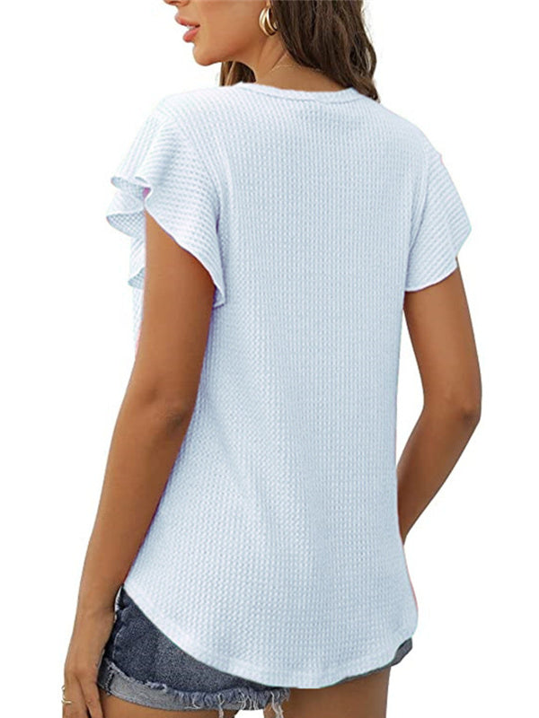 Solid Color Waffle Loose Crew Neck Ruffle Sleeve Short Sleeve T-Shirt 2023-03-14 InsStreet