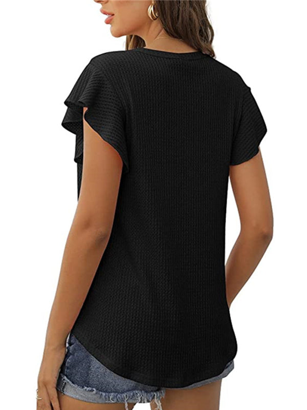 Solid Color Waffle Loose Crew Neck Ruffle Sleeve Short Sleeve T-Shirt 2023-03-14 InsStreet