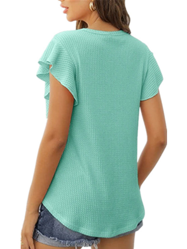 Solid Color Waffle Loose Crew Neck Ruffle Sleeve Short Sleeve T-Shirt 2023-03-14 InsStreet