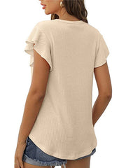 Solid Color Waffle Loose Crew Neck Ruffle Sleeve Short Sleeve T-Shirt 2023-03-14 InsStreet