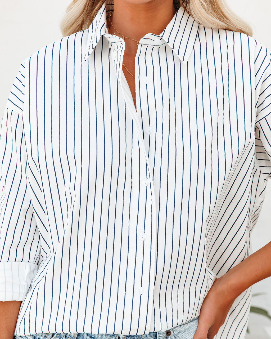 Kendall Cotton Striped Button Down Top - White Navy Ins Street