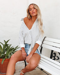 Kendall Cotton Striped Button Down Top - White Navy Ins Street