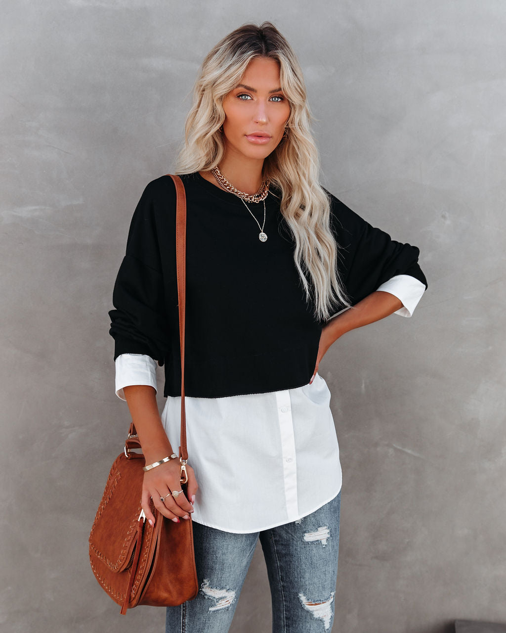 Kiersten Cotton Contrast Poplin Knit Top - Black - FINAL SALE Ins Street