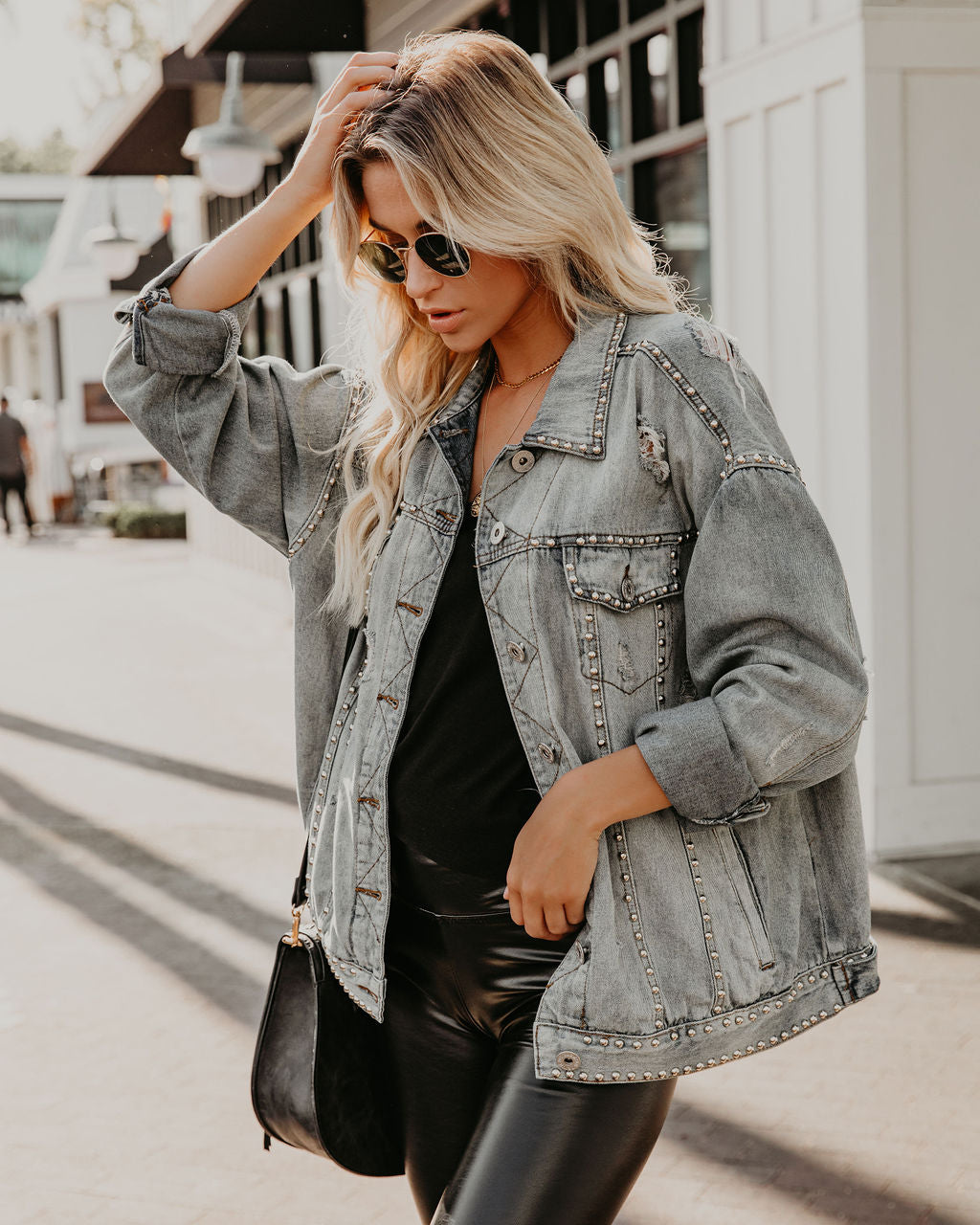 Kind Of A Big Deal Pocketed Studded Denim Jacket - Light Wash Ins Street