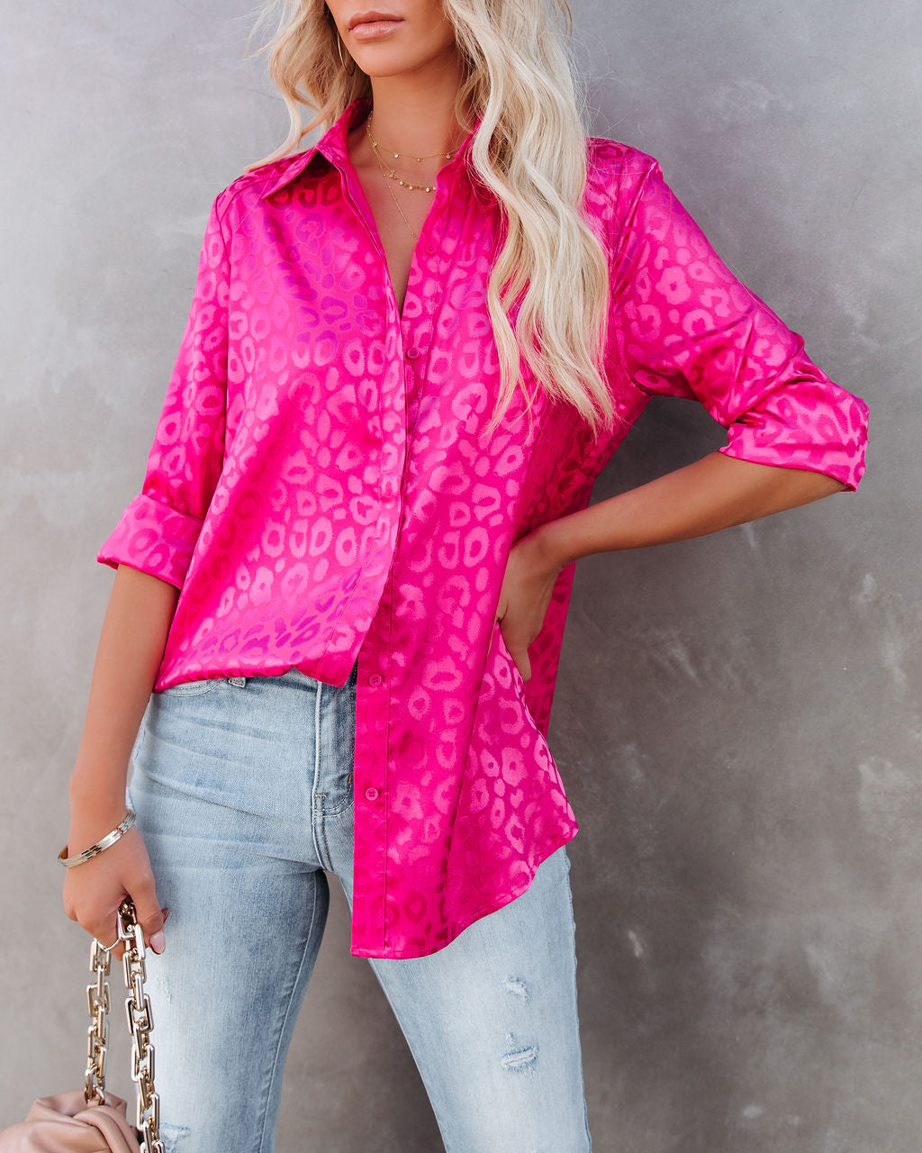 Kingdom Satin Embossed Button Down Blouse - Magenta Ins Street