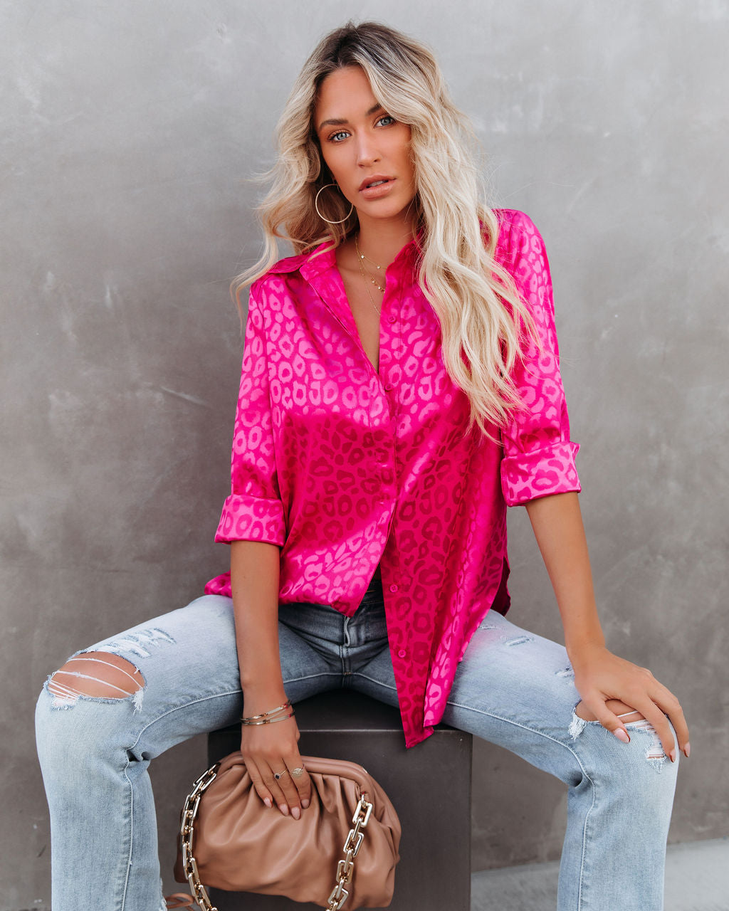 Kingdom Satin Embossed Button Down Blouse - Magenta Ins Street