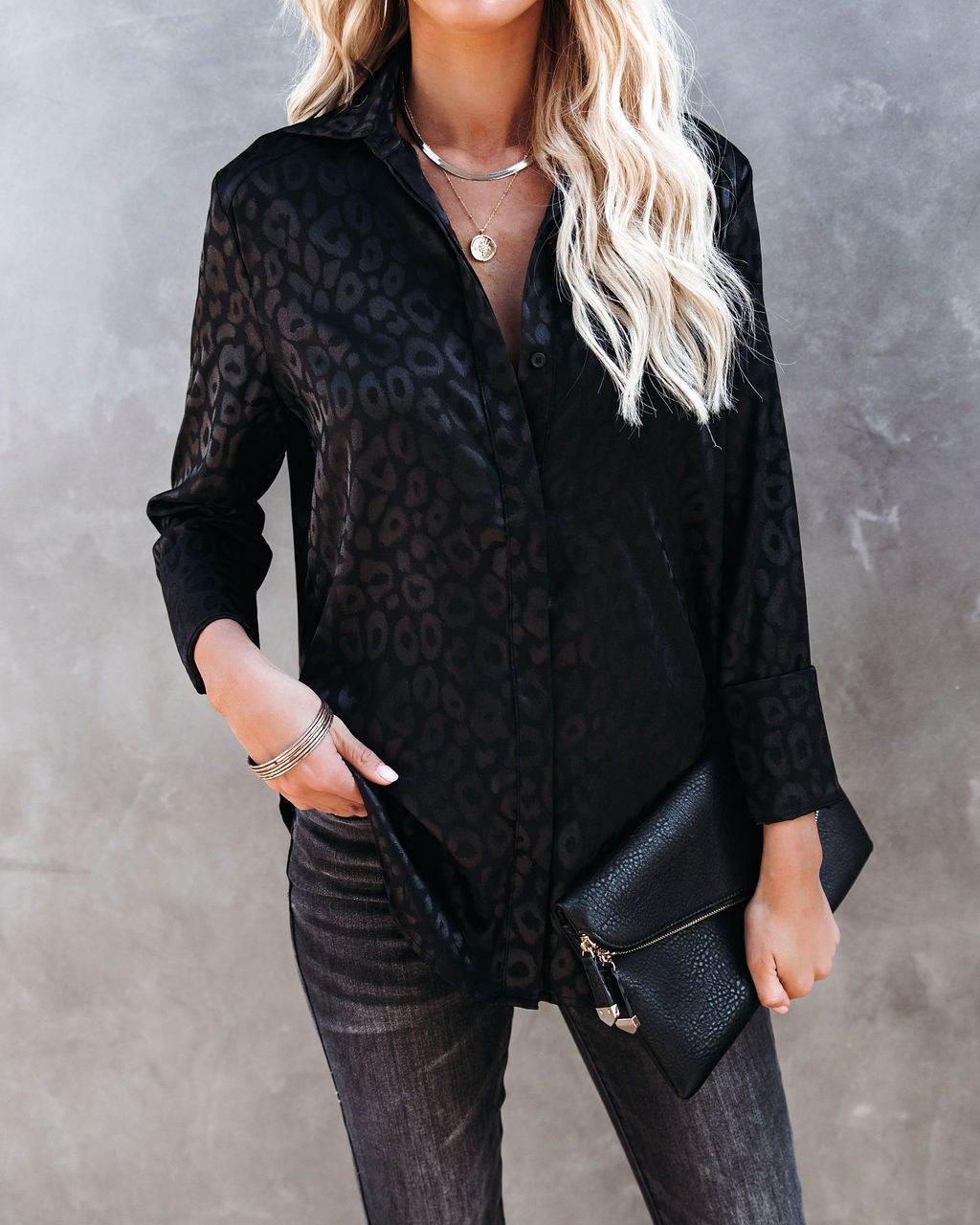 Kingdom Satin Embossed Button Down Blouse - Black Ins Street