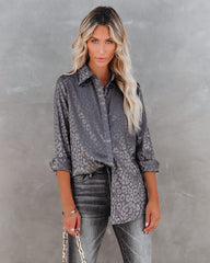 Kingdom Satin Embossed Button Down Blouse - Charcoal - FINAL SALE Ins Street