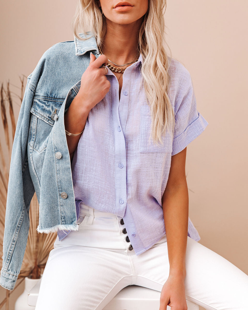 Krissy Cotton Woven Button Down Top - Lavender Ins Street