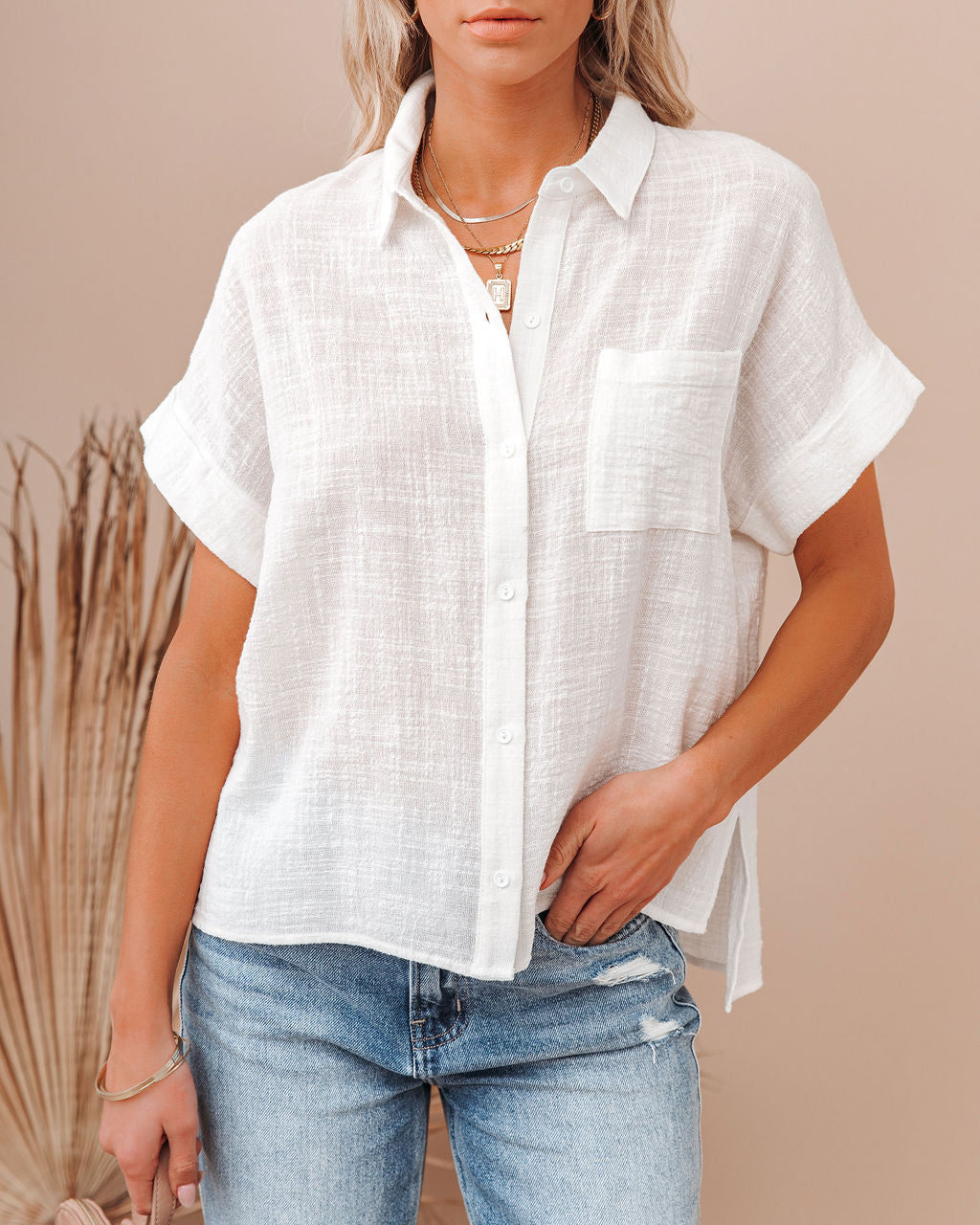 Krissy Cotton Woven Button Down Top - White Ins Street