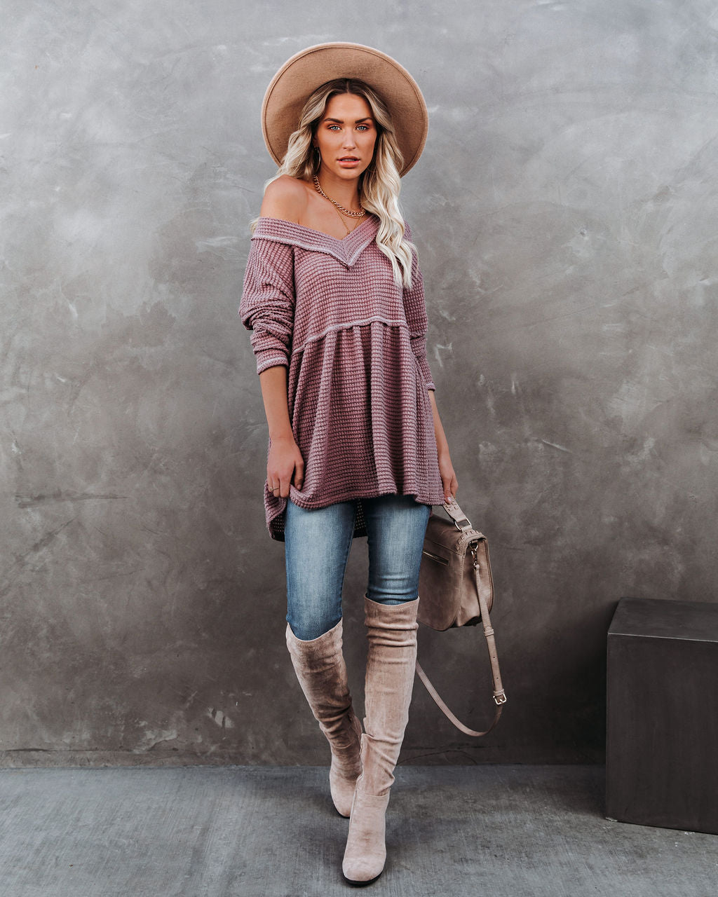 Larsa Thermal V-Neck Peplum Top - Mauve Ins Street